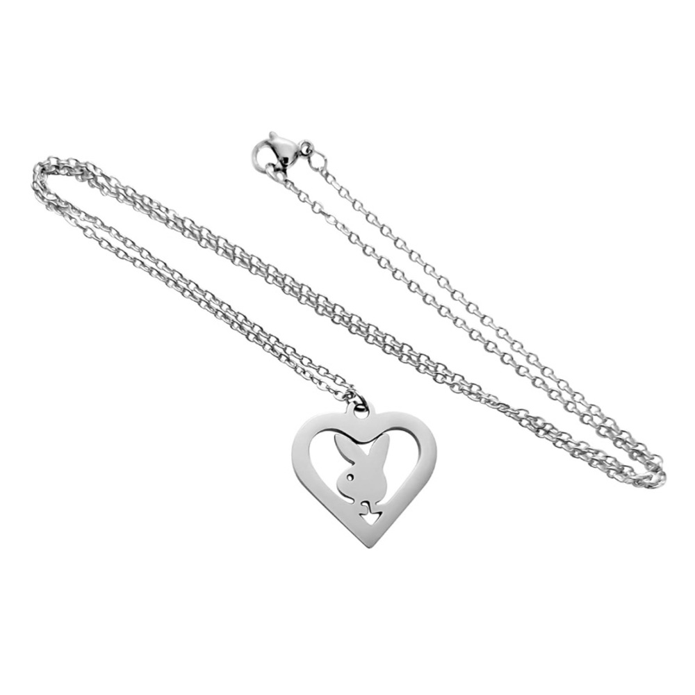 NEW PLAYBOY Cutout Heart Playboy Bunny Pendant Necklace Silver Y2K - Picture 2 of 13